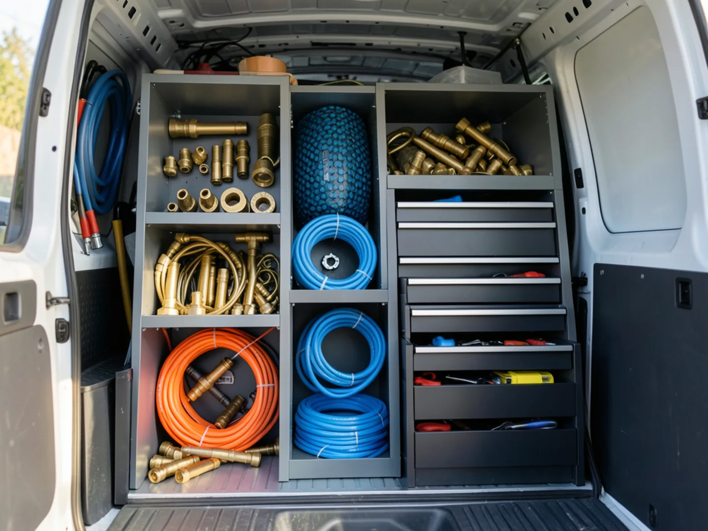 Fully stocked plumbing service vehicles equipped with sewer cameras and copper pipe