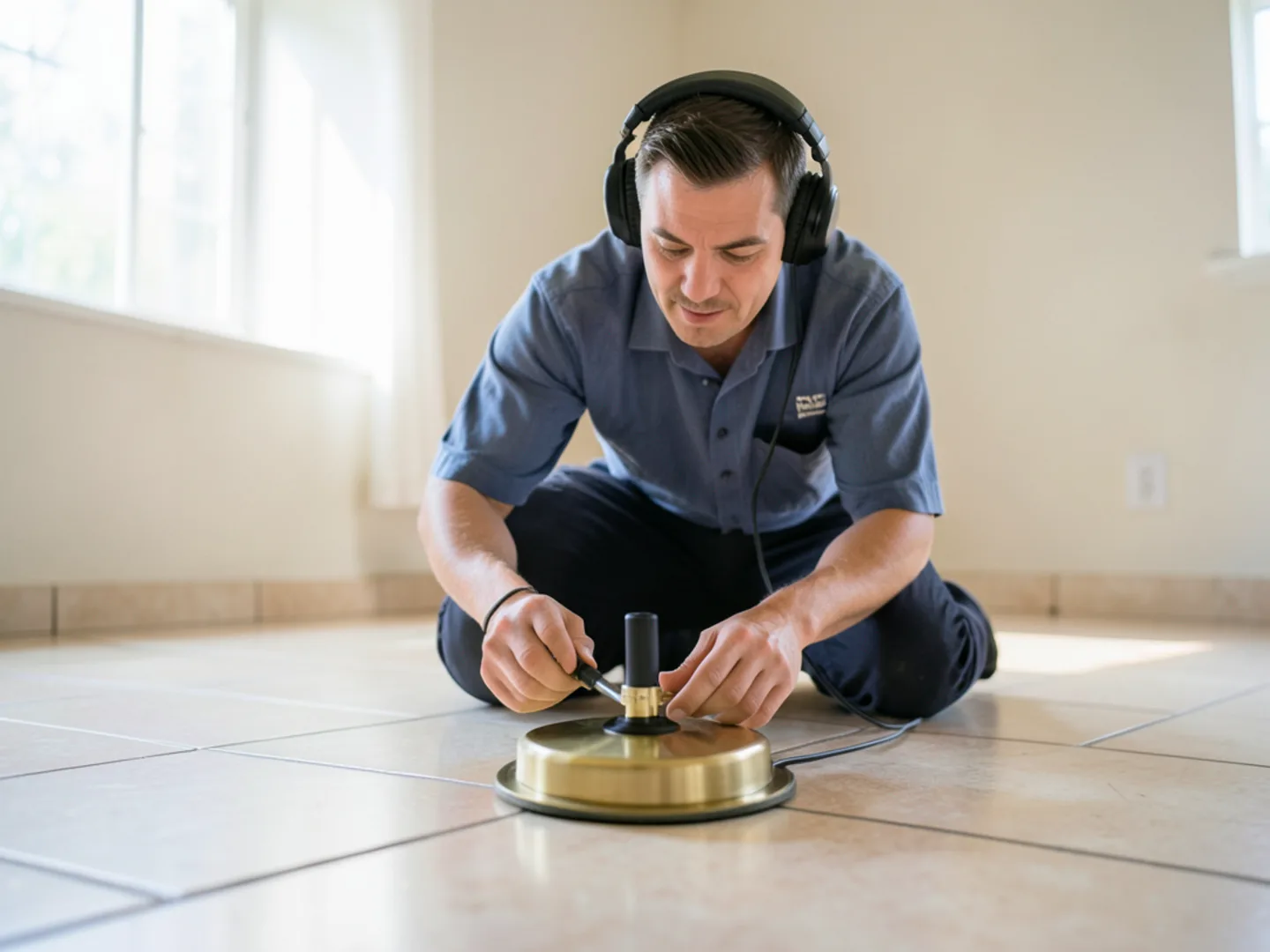 Acoustic listening disc locating an under-slab pipe leak beneath tile flooring