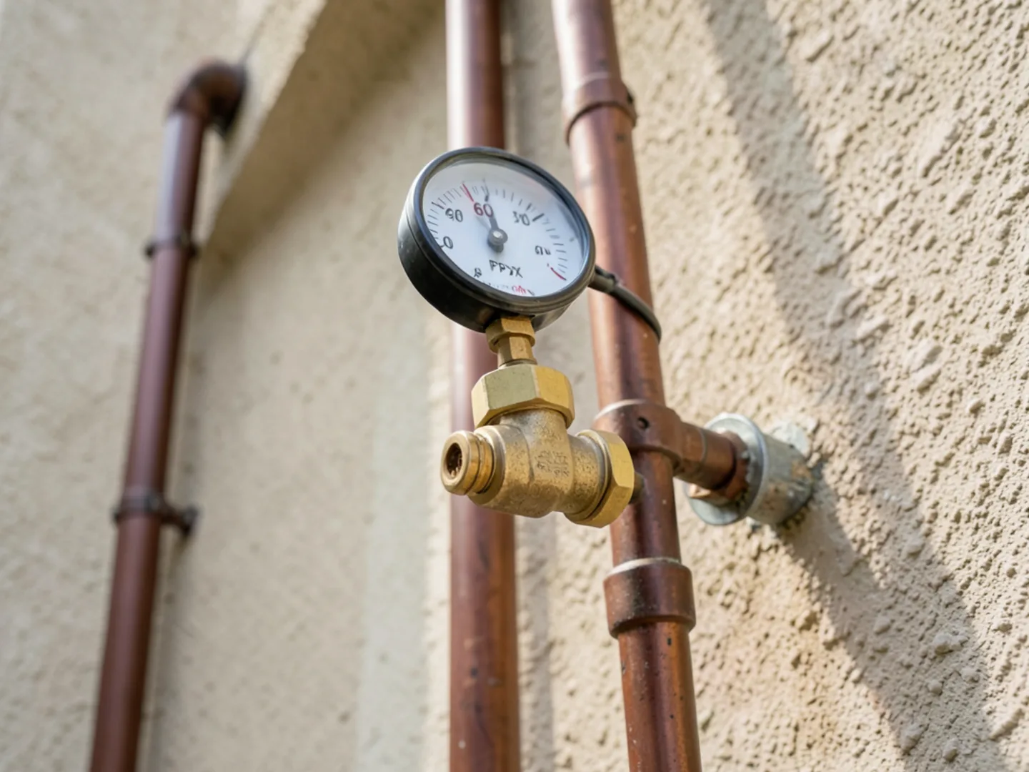Brass pressure regulating valve installation on a hillside home in Corona Hills