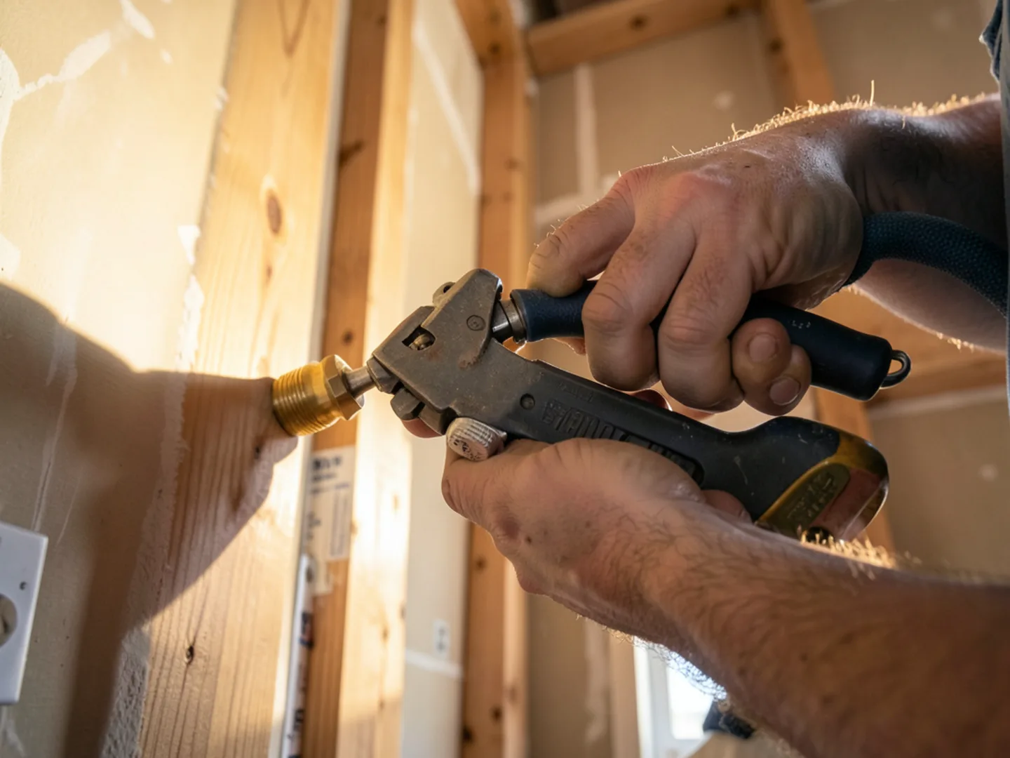 Plumber crimping blue PEX water tubing inside an open wall bay